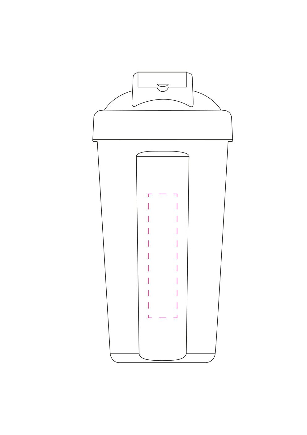Standskizze: Druckposition „auf dem abgeflachten Segment ohne Skala (max. 20×85 mm)“ – Shaker Protein 600 ml – mit Sieb und Skala