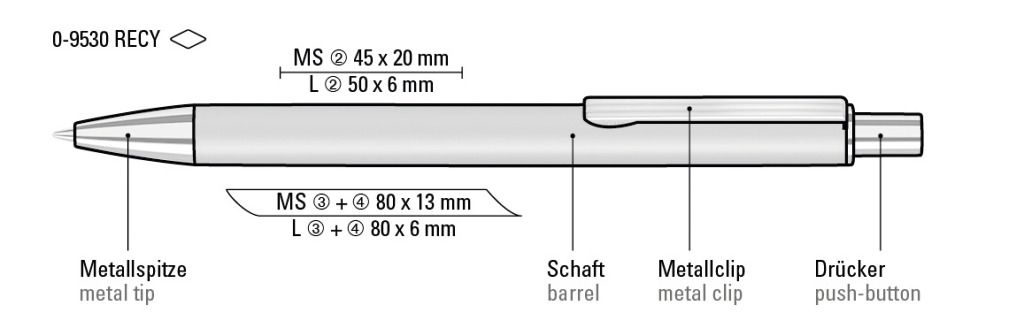 Standskizze: Druckverfahren Lasergravur, Siebdruck, Einzelnamensgravur (Namensliste fragen wir nach der Bestellung per E-Mail an) auf Position „in Clipverlängerung“ – GROOVE RECY Druckkugelschreiber
