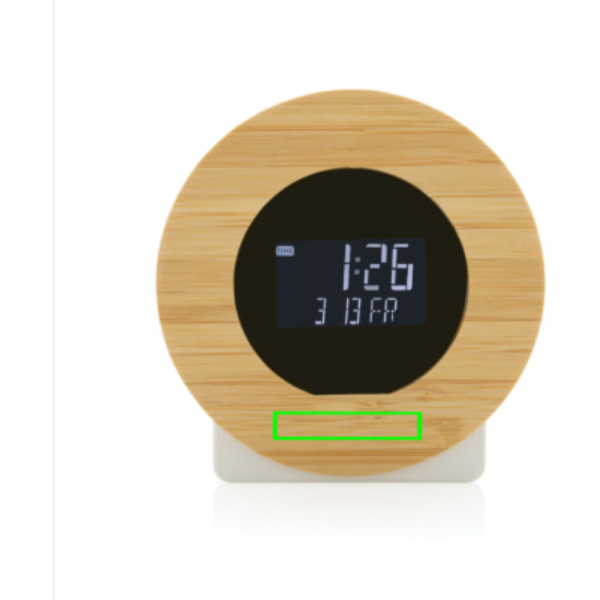 Standskizze: Druckverfahren CO2 Gravur auf Position „Artikel Vorderseite unten (max. 35 x 10 mm)“ – XD Collection Utah Tischuhr aus rABS und Bambus mit LCD