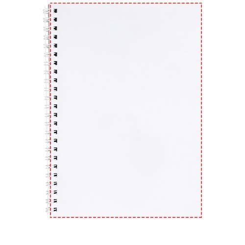 Standskizze: Druckverfahren Offsetdruck vollfarbig auf Position „Innenseite Vorderumschlag (Hochformat, Rücken rechts) (max. 148 x 210 mm)“ – Desk-Mate® A5 Notizbuch mit Kunststoff Cover und Spiralbindung