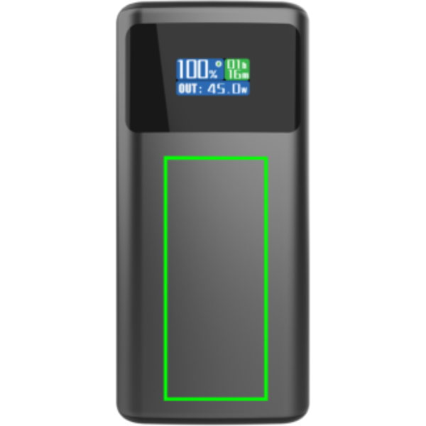 Standskizze: Druckverfahren Tampondruck auf Position „Artikel Vorderseite (max. 30 x 70 mm)“ – XD Xclusive Quantum RCS Powerbank 10.000mAh 45W mit TFT-Display, bedruckbar