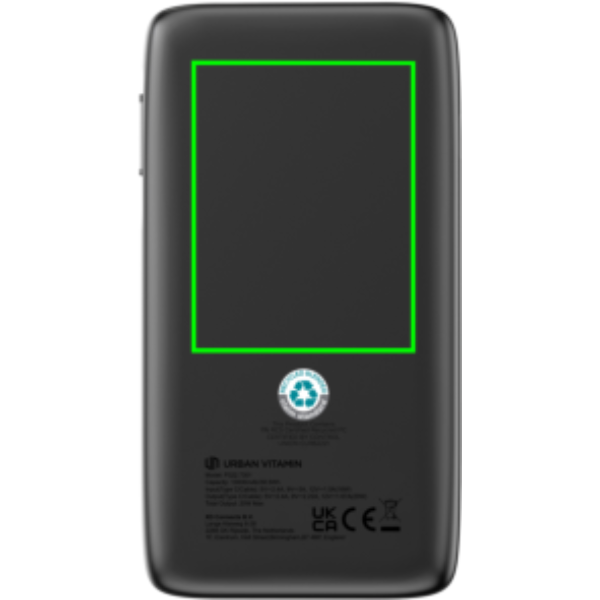 Standskizze: Druckverfahren Digitalprint auf Position „Artikel Rückseite“ – Urban Vitamin Emeryville Powerbank 10.000 mAh mit integriertem USB-C-Kabel
