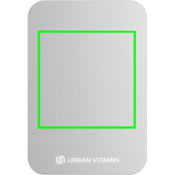 Standskizze: Druckverfahren Tampondruck auf Position „Artikel Rückseite“ – Urban Vitamin Burbank Magnet-Powerbank 3000mAh aus recyceltem Aluminium und ABS – bedruckbar als Werbegeschenk
