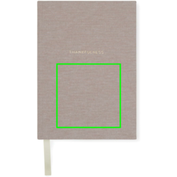Standskizze: Druckverfahren Digital Transfer auf Position „Artikel Vorderseite unten (max. 100 x 100 mm)“ – VINGA Thankfulness Dankbarkeitstagebuch A5 mit Stoffeinband, GRS-Recyclingpapier