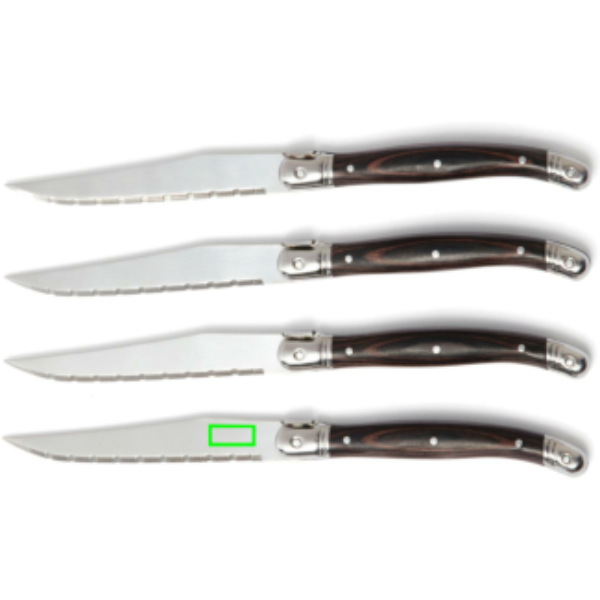 Standskizze: Druckverfahren Lasergravur auf Position „Messer (max. 15 x 7 mm)“ – VINGA Gigaro Fleischmesser-Set, 4-teilig, Edelstahl mit Holzgriff
