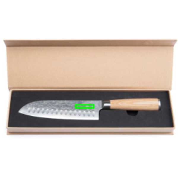 Standskizze: Druckverfahren Lasergravur auf Position „Messer (max. 50 x 10 mm)“ – VINGA Hattasan Damascus Santoku Messer mit Logogravur