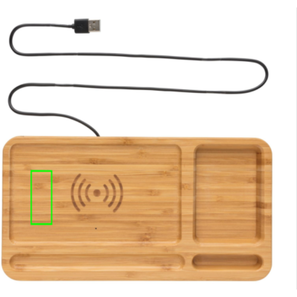 Standskizze: Druckverfahren Tampondruck auf Position „Artikeloberseite links“ – XD Collection Bambus Desk Organizer mit 10W Wireless Charger – Bambus, individuell gravierbar