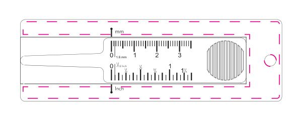 Standskizze: Druckposition „mittig auf die Vorderseite (max. 102×30 mm)“ – Reifenprofilmesser LKW – Kunststoff mit Inch- und Millimeter-Skala