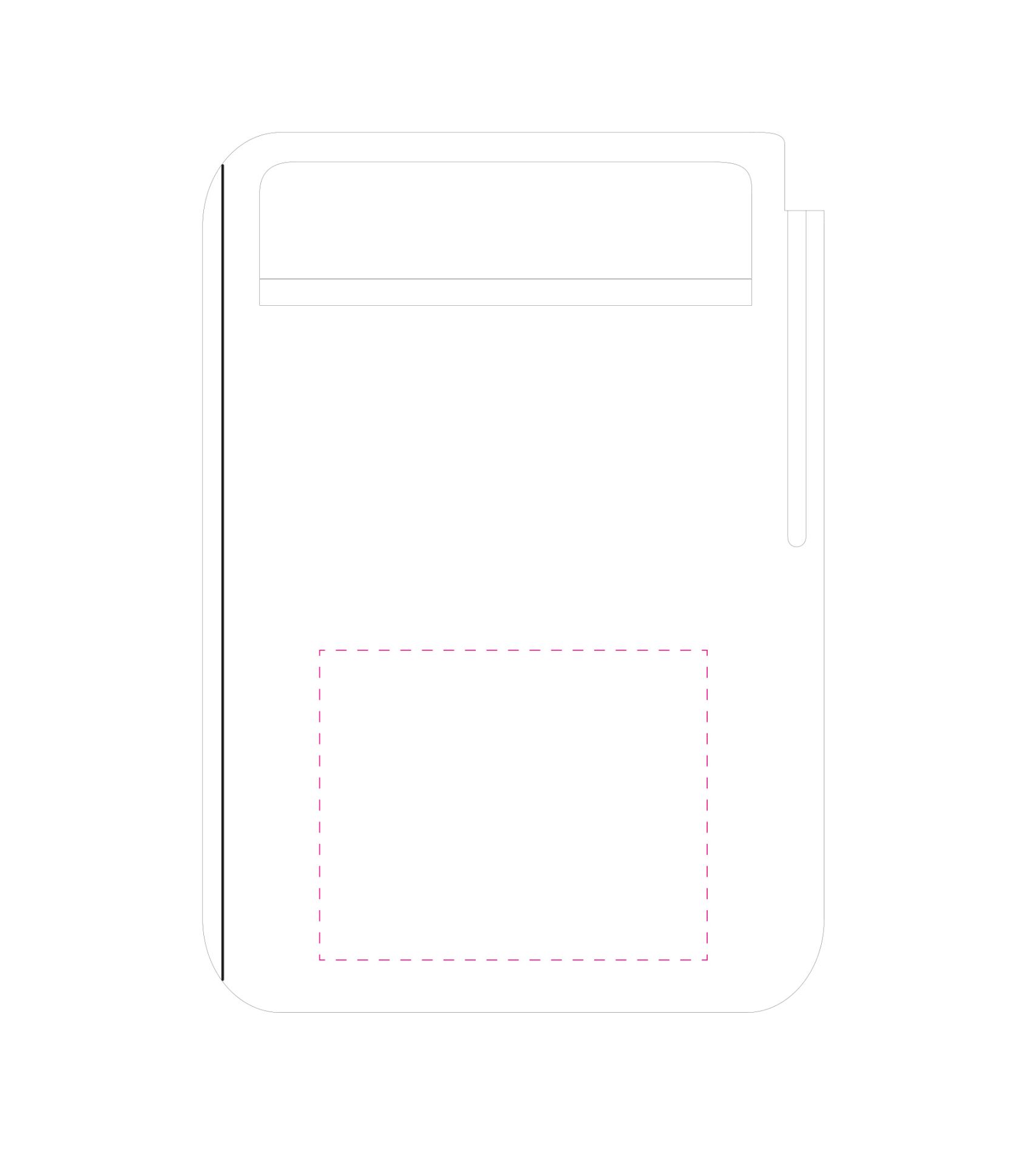 Standskizze: Druckposition „Vorderseite unten mittig (max. 150×120 mm)“ – Schreibboard DIN A4 color – Klemmbrett mit Visitenkartenhalter