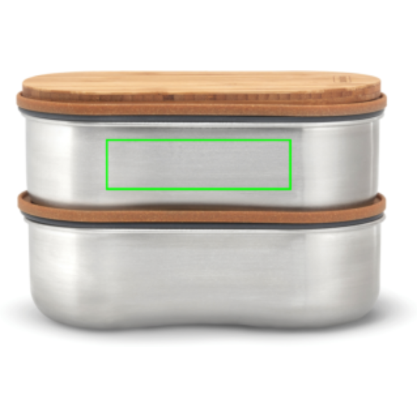 Standskizze: Druckverfahren Lasergravur auf Position „Artikel Vorderseite (max. 90 x 25 mm)“ – Black+Blum Bento Box 1L Edelstahl mit Bambusdeckel — gravurfähig