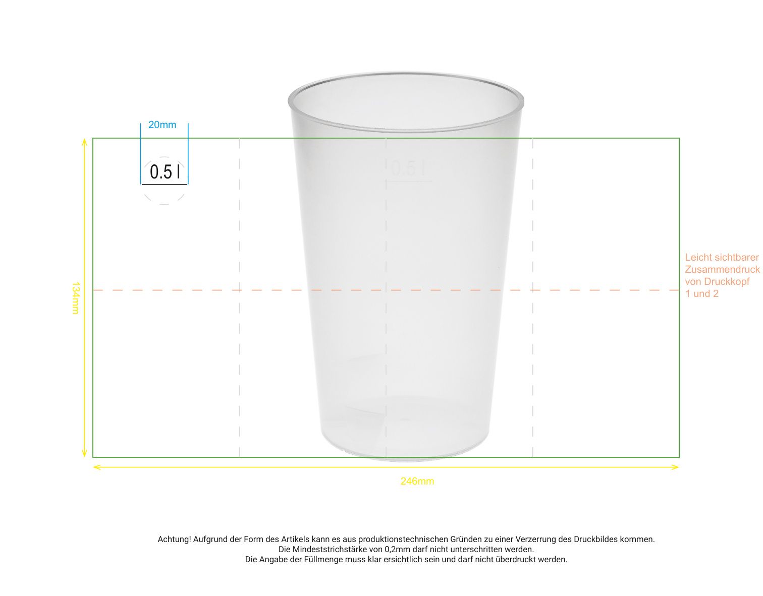 Standskizze: Druckposition „rundum (max. 246×134 mm)“ – Trinkbecher Vital 500 ml mit Eichstrich