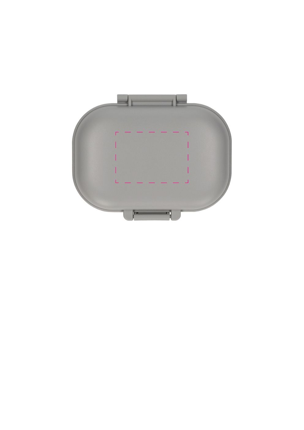 Standskizze: Druckposition „mittig auf Deckel (max. 65×35 mm)“ – Pillendose Medi – Kunststoff mit 2 großen und 6 kleinen Fächern