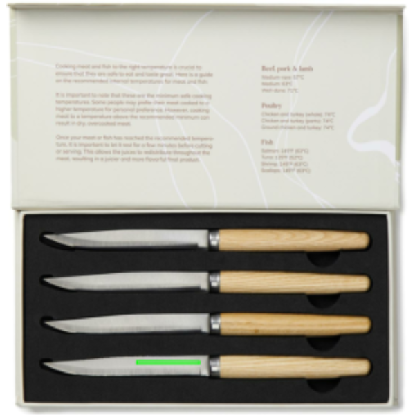 Standskizze: Druckverfahren Lasergravur auf Position „Messer (max. 40 x 3 mm)“ – VINGA Retro Fleischmesser Set 4-teilig mit Geschenkbox