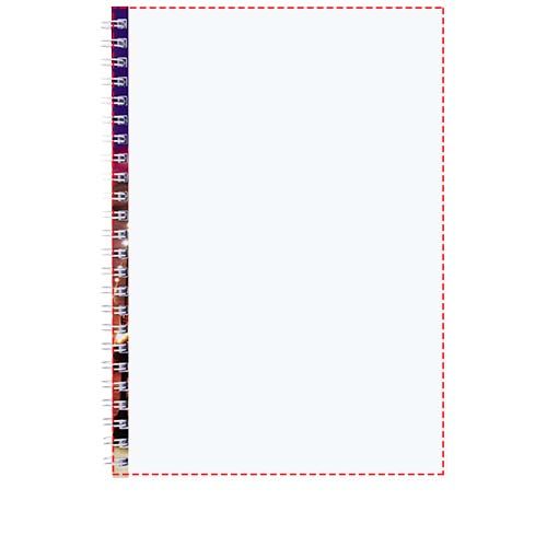 Standskizze: Druckverfahren Offsetdruck vollfarbig auf Position „Vorderseite (Hochformat, Rücken links) (max. 148 x 210 mm)“ – Desk-Mate® A5 Notizbuch mit Spiralbindung