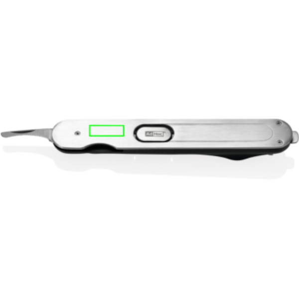 Standskizze: Druckverfahren Lasergravur auf Position „Artikel Vorderseite links (max. 30 x 10 mm)“ – AdHoc PushPull Korkenzieher aus Edelstahl mit Folienschneider – mit Ihrem Logo