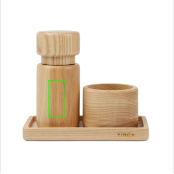 Standskizze: Druckverfahren Tampondruck auf Position „Artikel Vorderseite“ – VINGA Retro Salz- und Pfeffermühlen-Set aus FSC-Eschenholz mit Tablett, mit Logo veredelbar