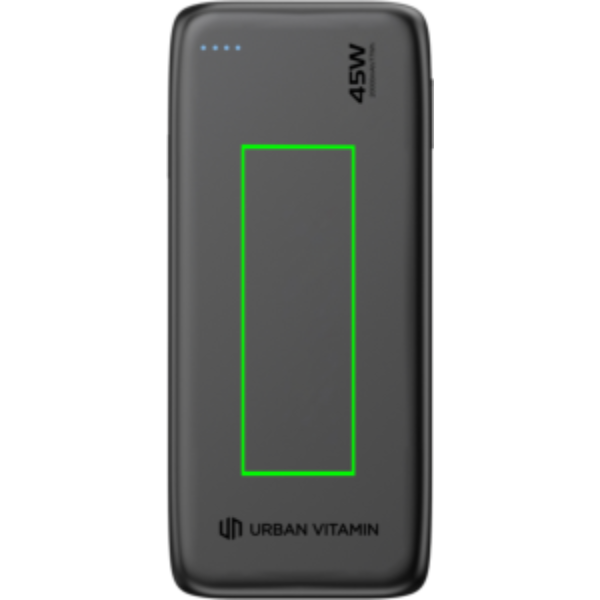 Standskizze: Druckverfahren Tampondruck auf Position „Artikel Vorderseite (max. 40 x 80 mm)“ – Urban Vitamin San Mateo Powerbank 20.000mAh 45W mit integriertem USB-C-Kabel