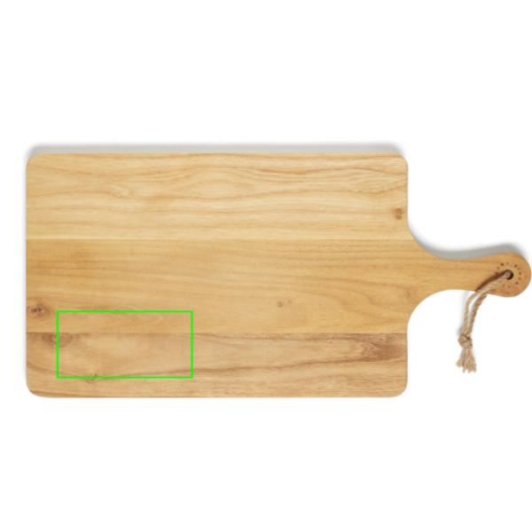 Standskizze: Druckverfahren CO2 Gravur auf Position „Schneidebrett (max. 80 x 40 mm)“ – VINGA Buscot Servierbrett aus FSC-Teakholz, rechteckig 49 × 24 cm
