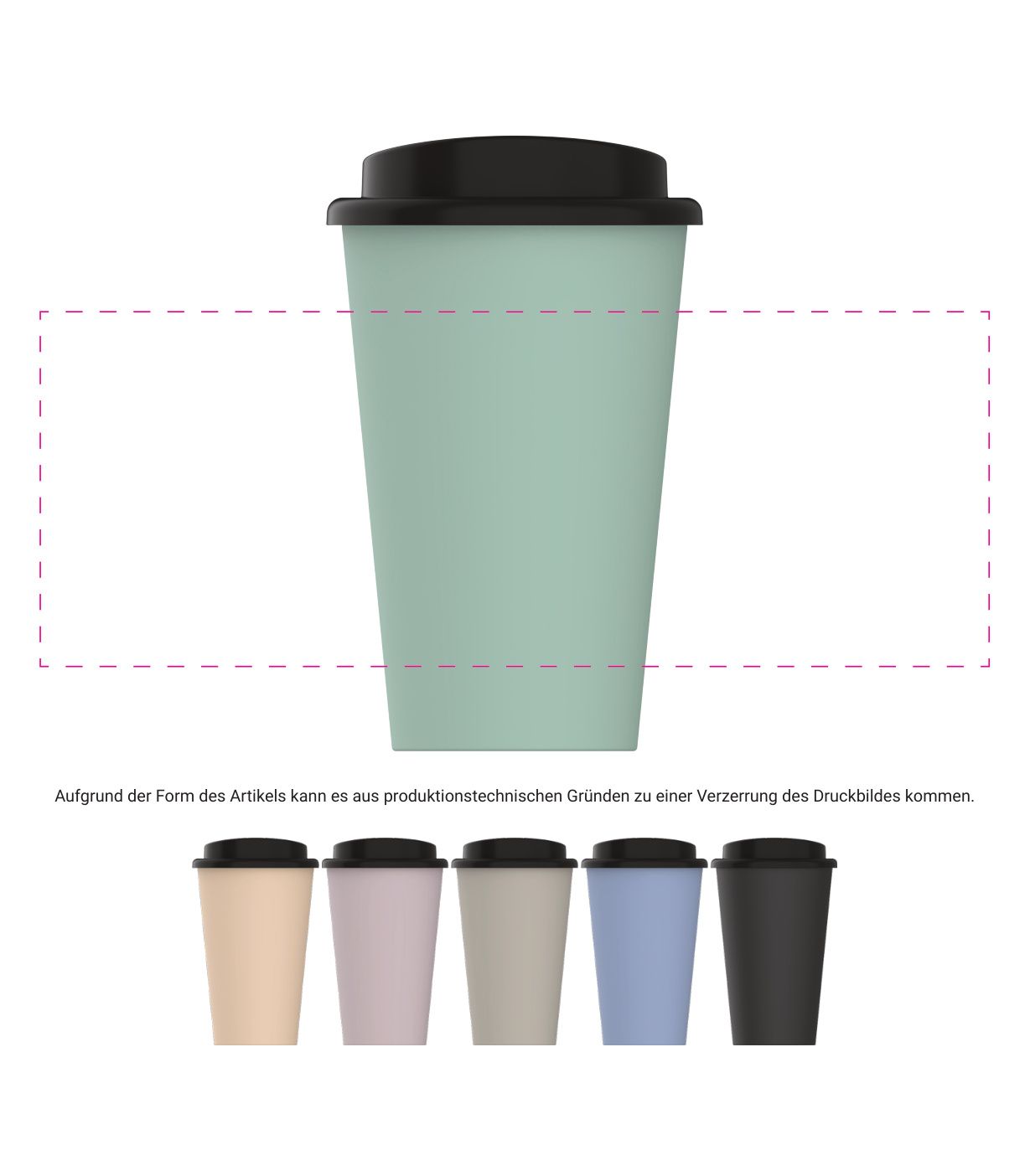 Standskizze: Druckposition „rundum 25 mm zwischen Anfang und Ende (max. 220×90 mm)“ – Kaffeebecher Premium 350 ml – doppelwandig mit Schraubdeckel