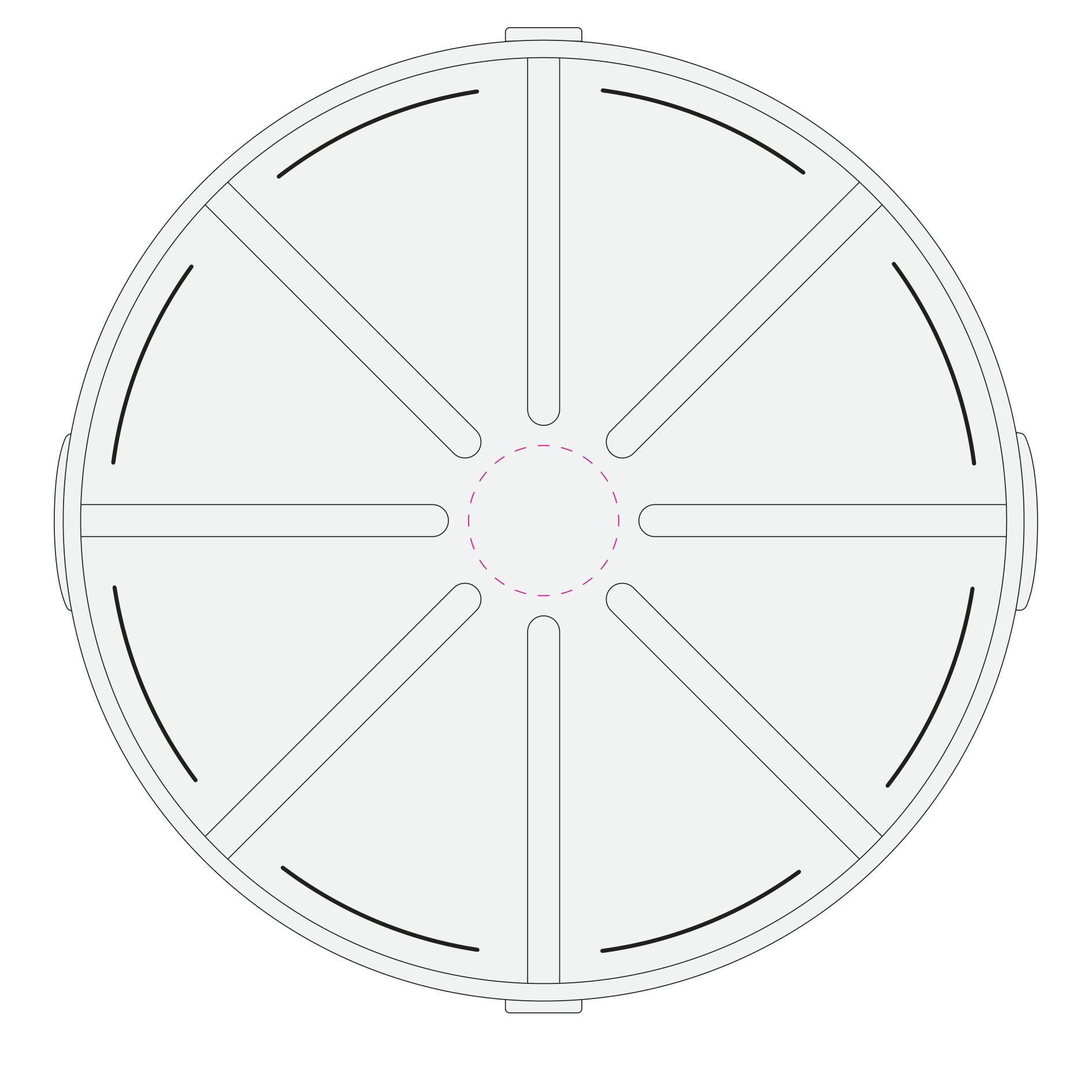 Standskizze: Druckposition „mittig außen (max. Ø 55 mm)“ – Pizzabox ToGo Ø358 mm – Mehrweg-Alternative aus Kunststoff