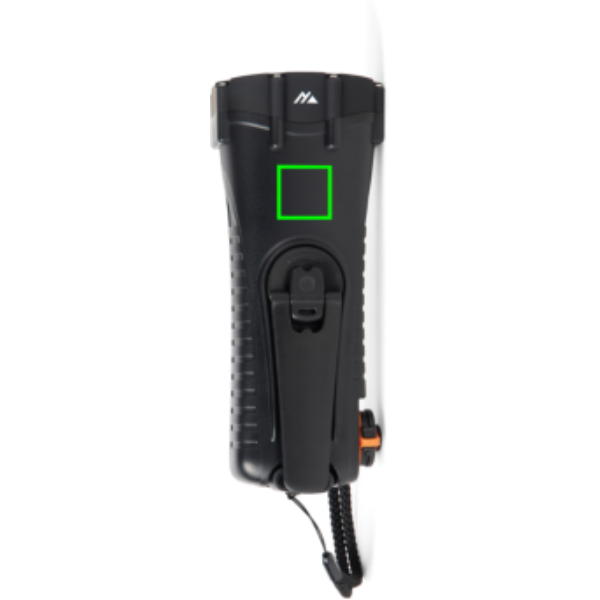 Standskizze: Druckverfahren Tampondruck auf Position „Artikel Rückseite (max. 15 x 15 mm)“ – Nordic Drift Everest IPX8 Kurbel-Taschenlampe mit Powerbank, mit Logo bedruckbar