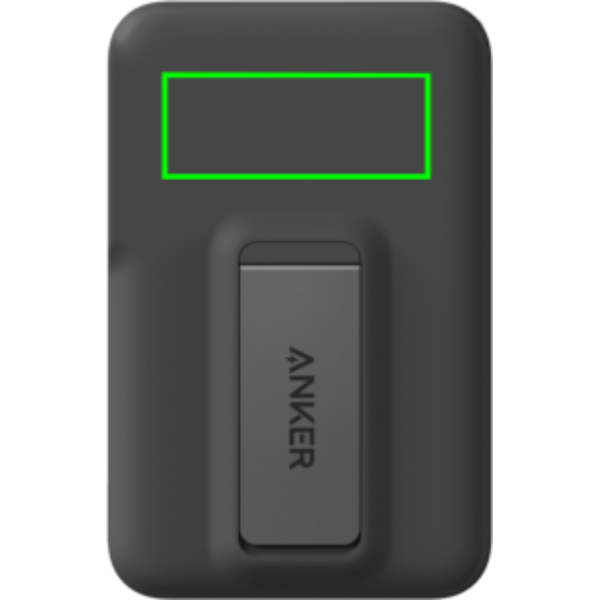 Standskizze: Druckverfahren Tampondruck auf Position „Artikel Rückseite oben (max. 50 x 20 mm)“ – Anker MagGo Powerbank 10.000 mAh Qi2 MagSafe mit Klappständer