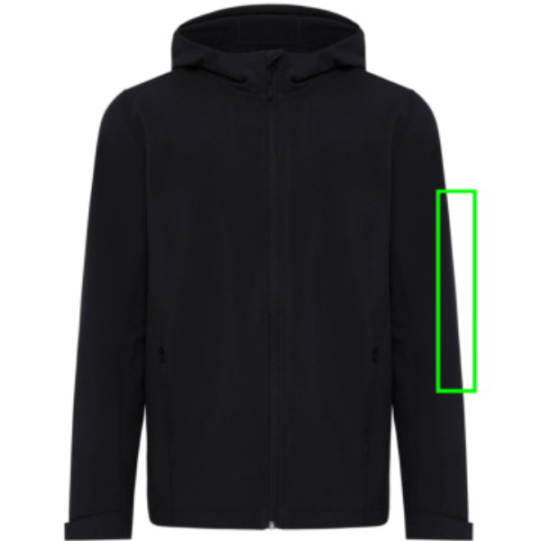 Standskizze: Druckverfahren Siebdruck Transfer auf Position „Ärmel links“ – IQONIQ Makalu Herren-Softshelljacke aus 91 % recyceltem Polyester mit Logo