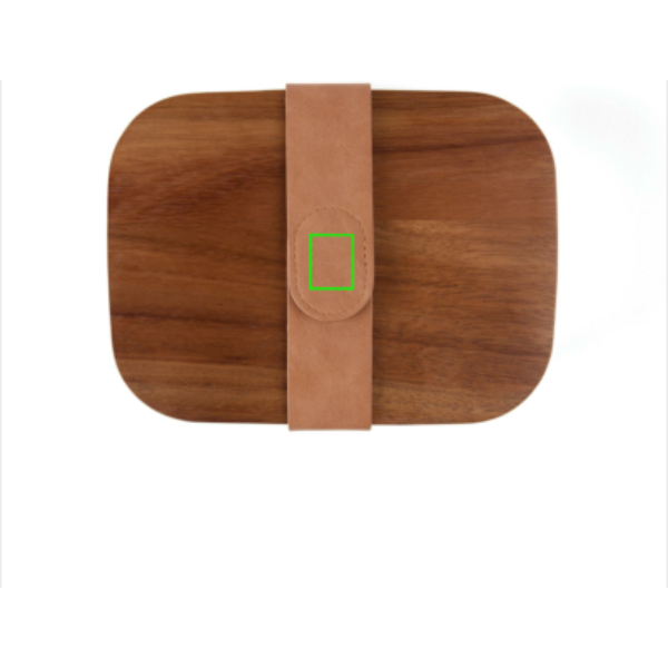 Standskizze: Druckverfahren CO2 Gravur auf Position „Band (max. 20 x 25 mm)“ – VINGA Ciro Lunchbox aus 39 % RCS-recyceltem Edelstahl mit FSC-Akazienholz-Deckel