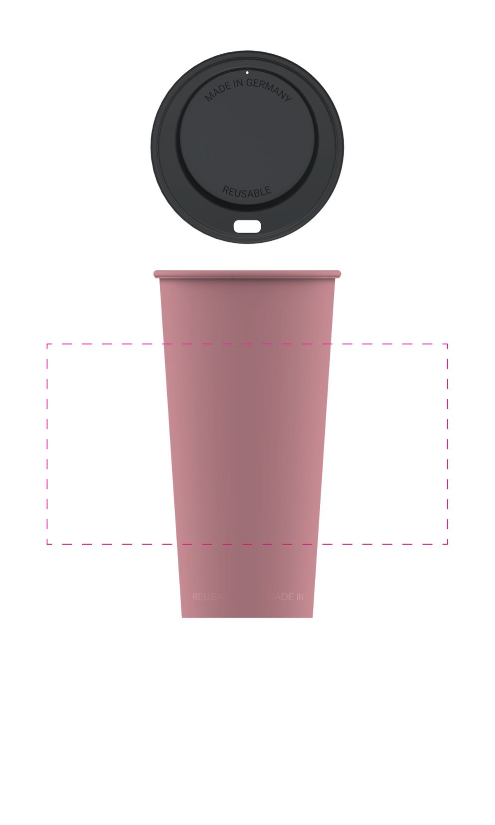 Standskizze: Druckposition „mittig (max. 170×85 mm)“ – Kaffeebecher ToGo 0,4 l – Mehrwegbecher aus Kunststoff, spülmaschinenfest