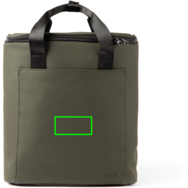 Standskizze: Druckverfahren PU-Etikett Baltimore grün auf Position „Artikel Vorderseite“ – VINGA Baltimore Trail Kühlrucksack — isoliert, mit Logo veredelbar
