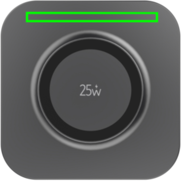 Standskizze: Druckverfahren Tampondruck auf Position „Artikeloberseite oben (max. 60 x 5 mm)“ – XD Xclusive Quantum 25W magnetisches Wireless-Charging-Pad – recyceltes ABS, bedruckbar