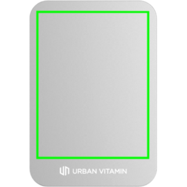 Standskizze: Druckverfahren Digitalprint auf Position „Artikel Rückseite“ – Urban Vitamin Burbank Magnet-Powerbank 3000mAh aus recyceltem Aluminium und ABS – bedruckbar als Werbegeschenk