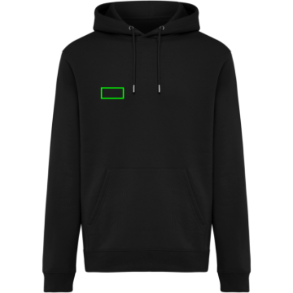 Standskizze: Druckverfahren Bedruckter Aufnäher mit Stickereikontur auf Position „Brust Vorderseite rechts“ – IQONIQ Joshua Hoodie 340 g/m² aus Bio- und recycelter Baumwolle – mit Logo bestickbar und bedruckbar