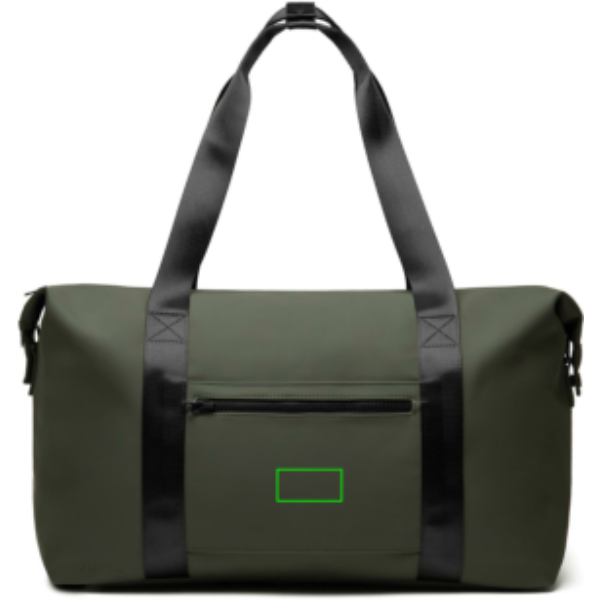 Standskizze: Druckverfahren PU-Etikett Baltimore grün auf Position „Artikel Vorderseite unten“ – VINGA Baltimore RCS 24h Wochenendtasche mit Logo bedrucken