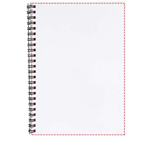 Standskizze: Druckverfahren Druck auf Papier auf Position „Rückseite der Blätter (Hochformat, Rücken rechts) (max. 148 x 210 mm)“ – Desk-Mate® A5 recyceltes farbiges Notizbuch mit Spiralbindung