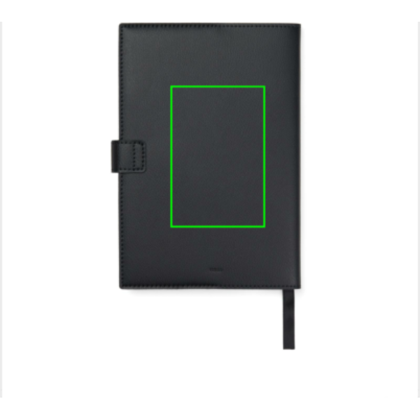 Standskizze: Druckverfahren Siebdruck Transfer auf Position „Artikel Rückseite Mitte (max. 80 x 120 mm)“ – VINGA Timo Notizbuch A5 aus RCS-recyceltem rPET und Papier